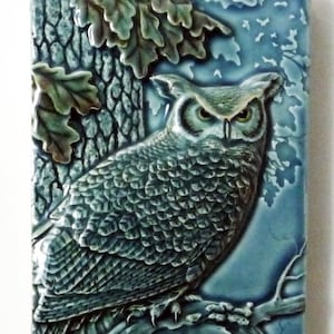Owls, Decorative wall art tile, ceramic tile, Night Shift, great horned owl, tile, wall art, wall hanging, home decor.