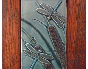 Framed ceramic  dragonfly, Courtship, two dragonflies tile, 7 x 11 inches