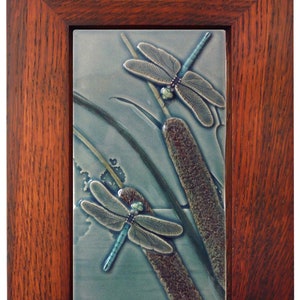 Framed ceramic dragonfly, Courtship, two dragonflies tile, 7 x 11 inches image 1