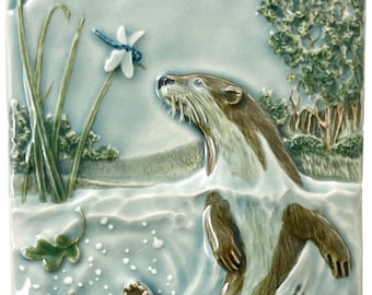 Otter, River Otter, Easily Distracted, North American river otter, ceramic art tile, 4 x 8 inches.