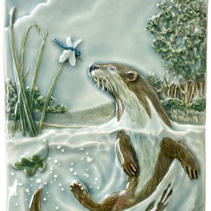 Otter, River Otter, Easily Distracted, North American river otter, ceramic art tile, 4 x 8 inches. image 1