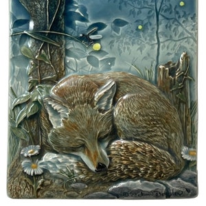 Fox, ceramic art tile of sleeping fox, wall art, sculpted relief tile, 4 x 8 inches