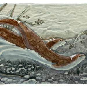 Otters, Happily Ever After, river otter couple, 4x8 inch ceramic art tile.