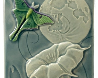 Luna moth with moon and moon flower, 4 x 8 inches