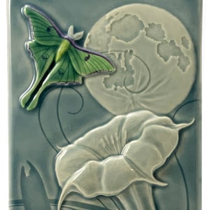 Luna moth with moon and moon flower, 4 x 8 inches