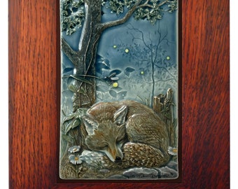 Fox tile, fox, framed art tile, ceramic art tile, Night Light relief tile, 7 x 11 inch frame with 4 x 8 inch ceramic tile.