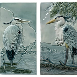 Great Blue Heron pair, Heron ceramic art tiles, home decor, tile