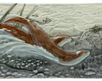 Otters, Happily Ever After, river otter couple, 4x8 inch ceramic art tile.