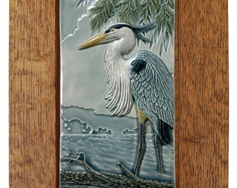 Framed ceramic sculpture, Great Blue Heron  7" x 11"