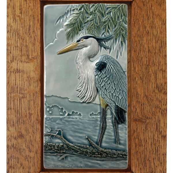 Framed ceramic sculpture, Great Blue Heron  7" x 11"