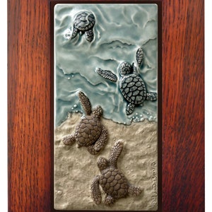 Green sea turtles, Last One In, relief ceramic art tile framed in solid quarter sawn oak frame, 7 x 11 inches.