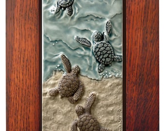 Green sea turtles, Last One In, relief ceramic art tile framed in solid quarter sawn oak frame, 7 x 11 inches.