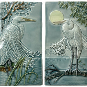 Tile, ceramic art tile, Great Egret pair, two tiles for hanging or installation