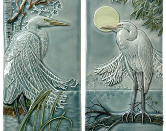 Tile, ceramic art tile, Great Egret pair, two tiles for hanging or installation