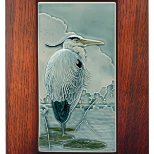 Heron, Framed "Taking it Easy" in solid quarter sawn oak frame, ceramic tile, art tile, home decor