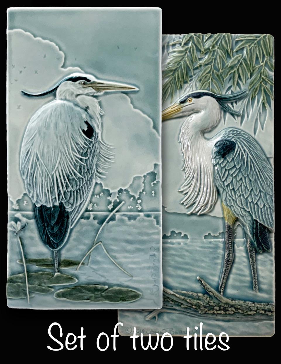 Great Blue Heron Pair Blue Heron, Lake Birds,  ceramic tile, relief sculpture, tile,  4 x 8 inches