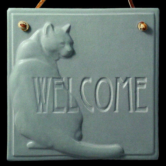 Ceramic tile art tile Welcome Cat tile 6x 6 inches animal | Etsy