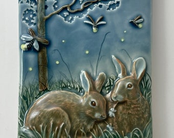 Bunnies, Rabbits, ceramic tile, Dinner and a Show, wall decor, tile, home decor.