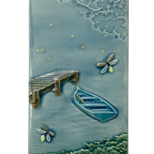 Ceramic art tile, Dockside Fireflies, Boat, Boat Dock home decor wall tile
