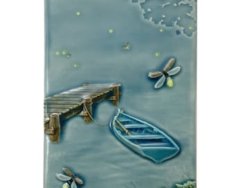 Ceramic art tile, Dockside Fireflies, Boat, Boat Dock home decor wall tile