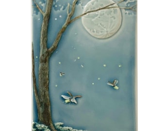 Fireflies art tile, 4x8 inch ceramic tile, sculpted relief wall decor