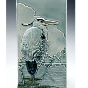 Heron, Ceramic art tile, Great Blue Heron, Taking it Easy, 4 x 8 in. wall decor