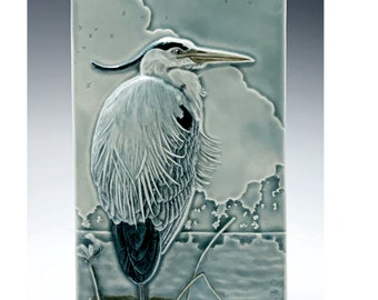 Heron, Ceramic art tile, Great Blue Heron, Taking it Easy, 4 x 8 in. wall decor