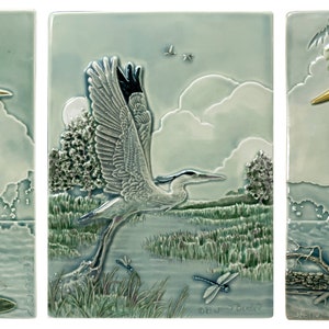 Home decor, Great Blue Heron triptych, tile, ceramic, wall art 14 in. x 8 in.