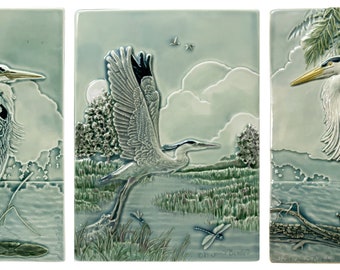 Home decor, Great Blue Heron triptych, tile, ceramic, wall art 14 in. x 8 in.