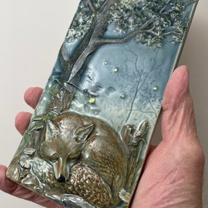 Fox, ceramic art tile of sleeping fox, wall art, sculpted relief tile, 4 x 8 inches image 3