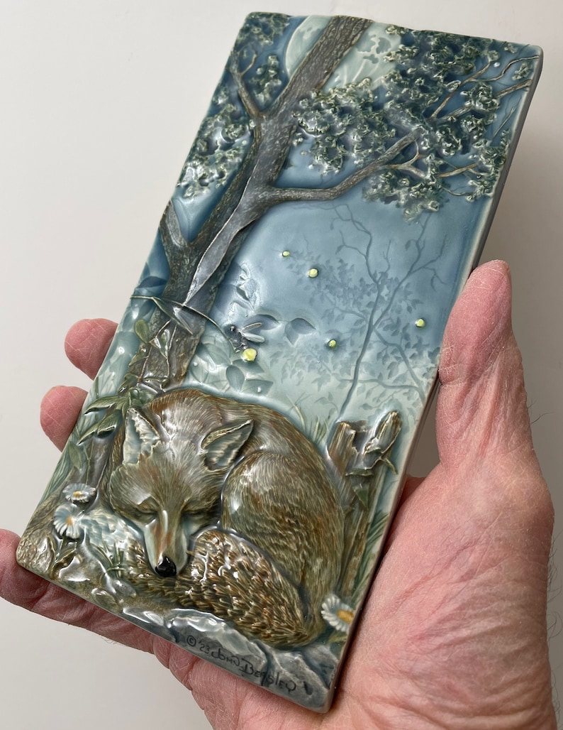 Fox, ceramic art tile of sleeping fox, wall art, sculpted relief tile, 4 x 8 inches image 3