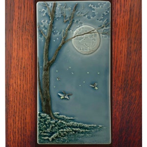 Framed tile, ceramic art tile, Fireflies, 7 x 11 inches wall tile