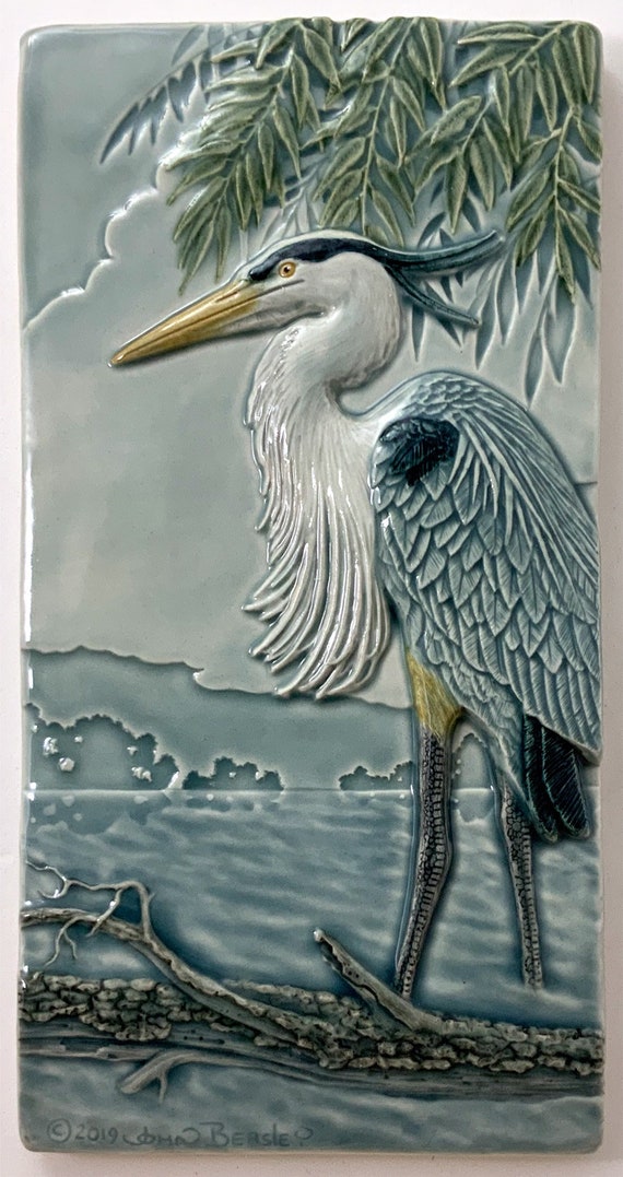 Grand Heron Bleu Carreaux De Ceramique Sculpture En Relief Etsy