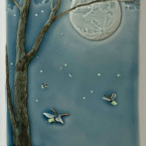 Fireflies triptych, ceramic tiles, ceramic wall art, set of three relief tiles. image 3