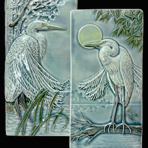 White Egret Tile, ceramic art tile, Great Egret pair, two tiles for hanging or installation