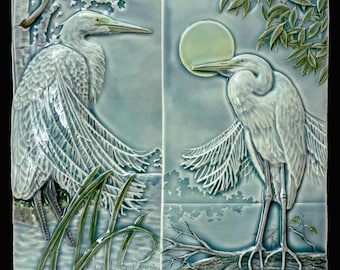 White Egret Tile, ceramic art tile, Great Egret pair, two tiles for hanging or installation