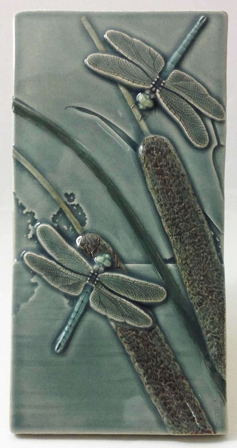 Framed ceramic dragonfly, Courtship, two dragonflies tile, 7 x 11 inches image 2