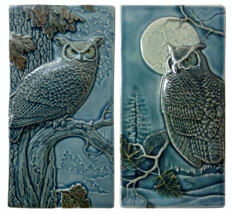 Owls Home Decor Ceramic Tile Great Horned Owl Pair Two Art Etsy
