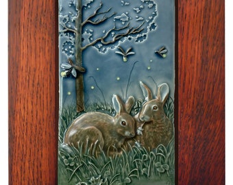 Bunnies, Rabbits, Framed Dinner and a Show, ceramic tile, wall art