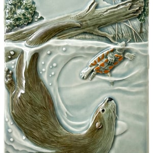 River otter ceramic art tile, Totally Preoccupied 4x8 inch wall art, installable, frameable or just hang it on a nail.