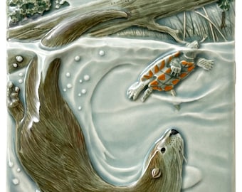 River otter ceramic art tile, Totally Preoccupied 4x8 inch wall art, installable, frameable or just hang it on a nail.