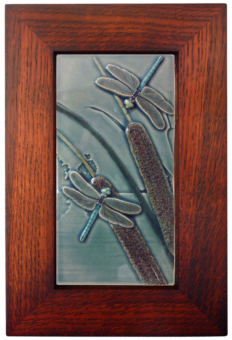 Framed ceramic dragonfly, Courtship, two dragonflies tile, 7 x 11 inches image 1