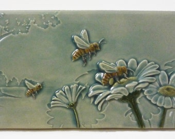 Honey Bees Ceramic tile, "Workin for a Livin", art tile, 4 x 8 inches