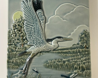 2 Taking Flight herons for Jodi, ceramic art tile of flying heron, wall art, sculpted relief tile, 6 x 8 inches each