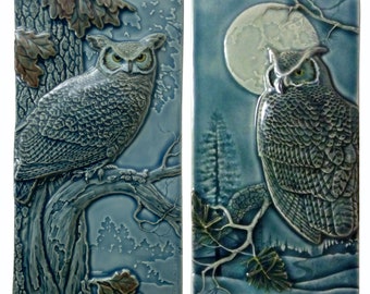 Owls, Ceramic tile set of two,  Night Owl, Night Shift art tiles, wall decor, sculpture,  4x8 inches each.