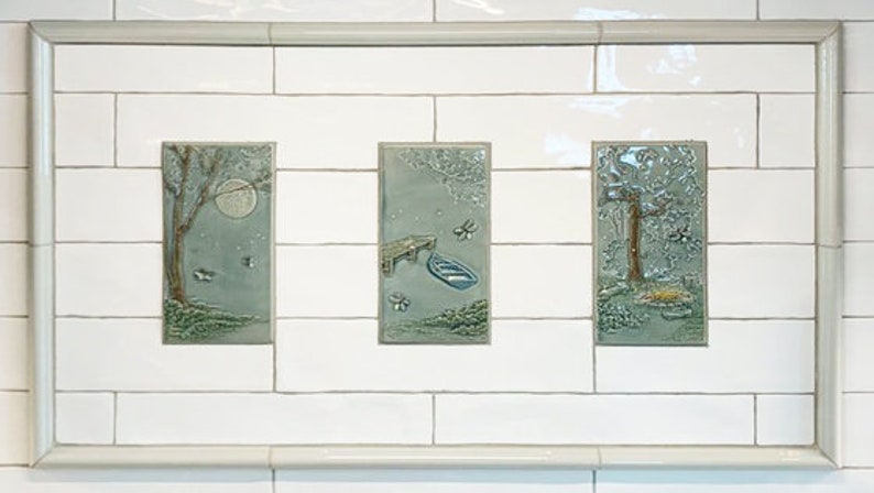 Fireflies triptych, ceramic tiles, ceramic wall art, set of three relief tiles. image 6