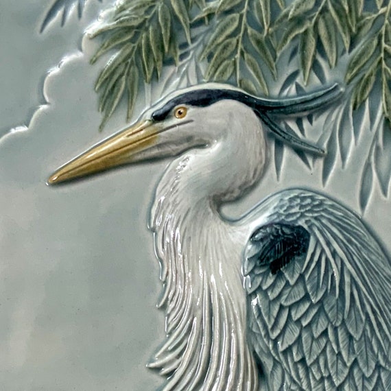 Grand Heron Bleu Carreaux De Ceramique Sculpture En Relief Etsy