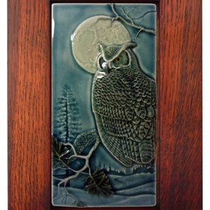 Framed Ceramic tile, Night Owl , art tile, wall decor, sculpture,  7x11 inches