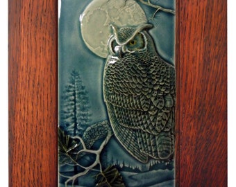 Framed Ceramic tile, Night Owl , art tile, wall decor, sculpture,  7x11 inches