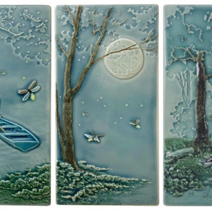 Fireflies triptych, ceramic tiles, ceramic wall art, set of three relief tiles.